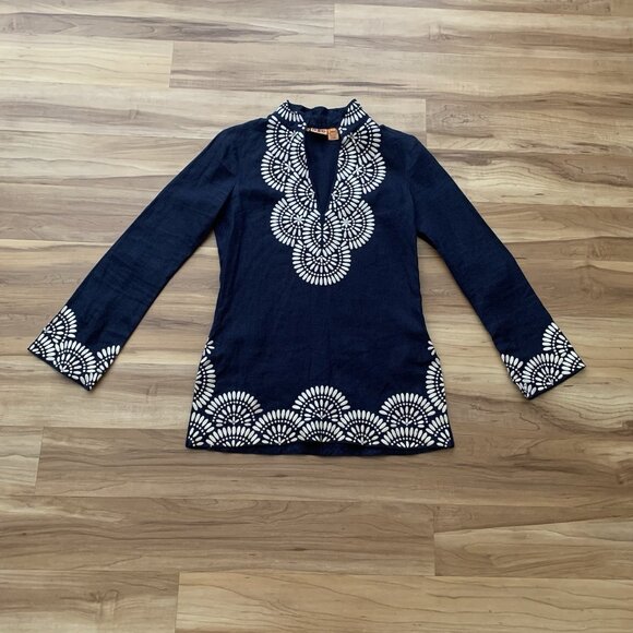 Tory Burch Women’s Navy White 100% Linen Tunic Size 4 Embroidered Long Sleeve - Picture 1 of 10